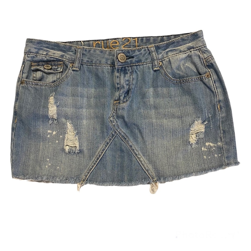Rue21 Womens Denim Mini Skirt Distressed Ripped Blue Size 3‎ 4